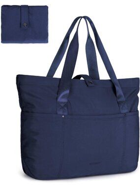 Women Navy Blue Large Foldable Tote Bag Zipper Travel Work Shoulder Bag